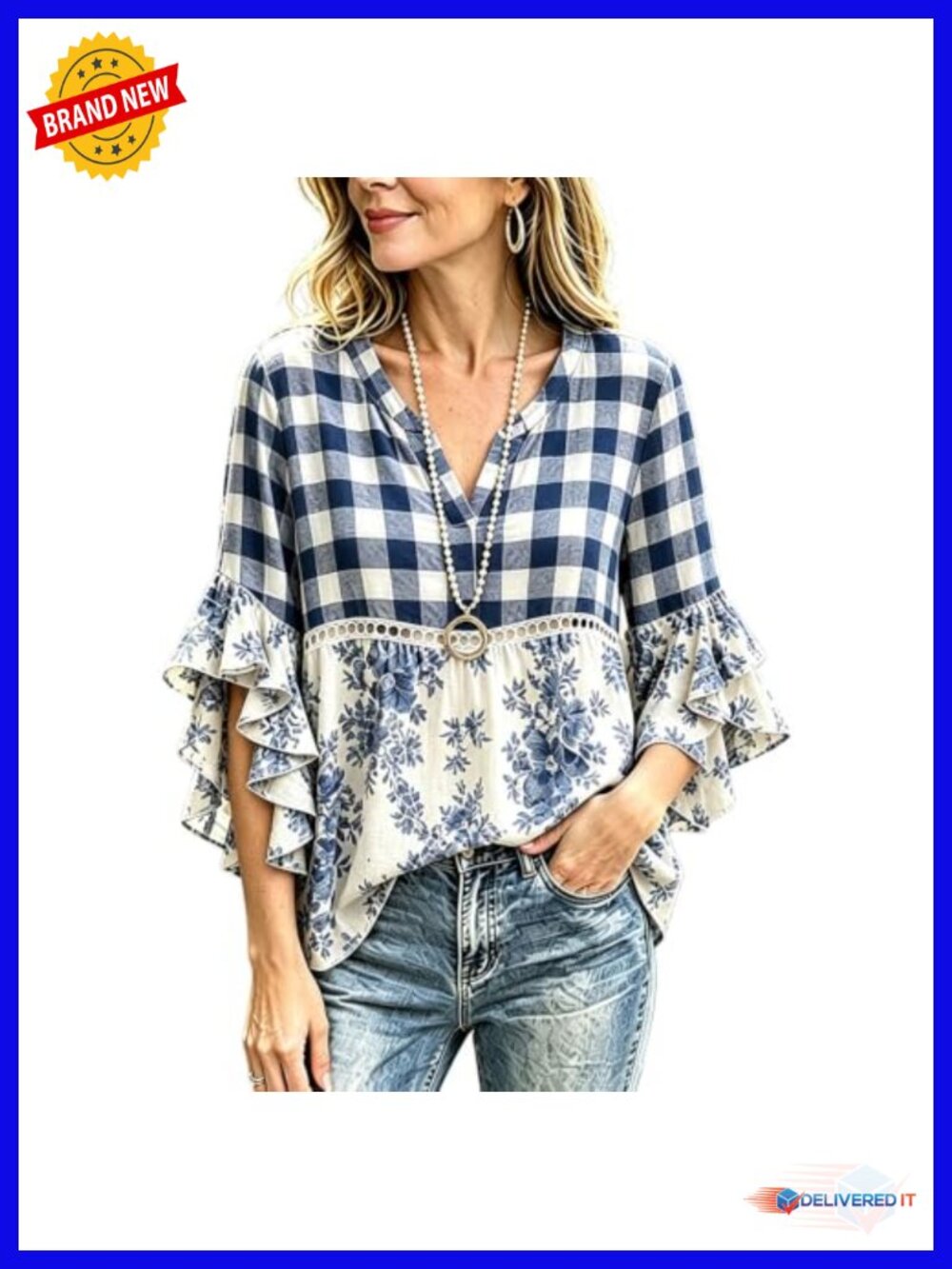 Women Boho Vintage Floral Hollow Out Ruffle Sleeve Blouse Cotton V-Neck